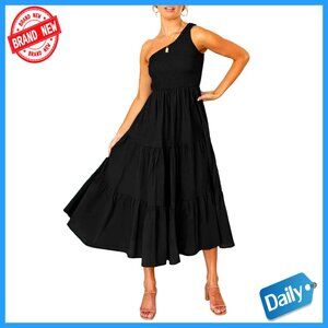 One Shoulder Smocked Midi Dress Floral Print Sleeveless Beach Wear